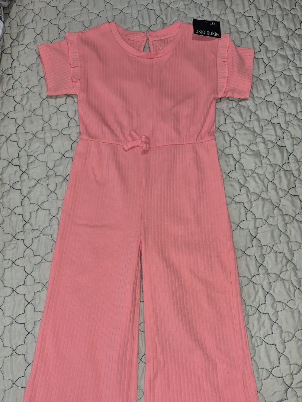 okie dokie Coral Pink Ribbed Short-Sleeve Jumpsuit with Tie Waist